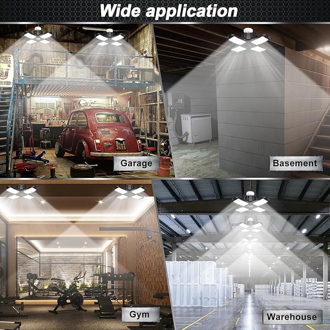 2 Pack LED Garage Light, 150W 15000LM 6500K LED Shop Lights, Garage Lights Ceiling Led with 4 Deformable Panels, Screw in E26/E27 Bulb Socket for Warehouse, Basement, Attic, Barn, High Bay Lighting
