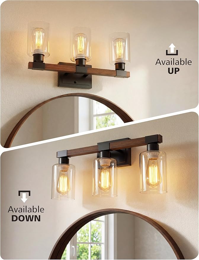 VOLISUN Farmhouse Bathroom Light Fixtures, 3 Light Bathroom Vanity Lights Over Mirror, Rustic Vanity Light for Bathrooms,Wood Bathrooms Lights Fixtures Over Mirror-UL Certificated