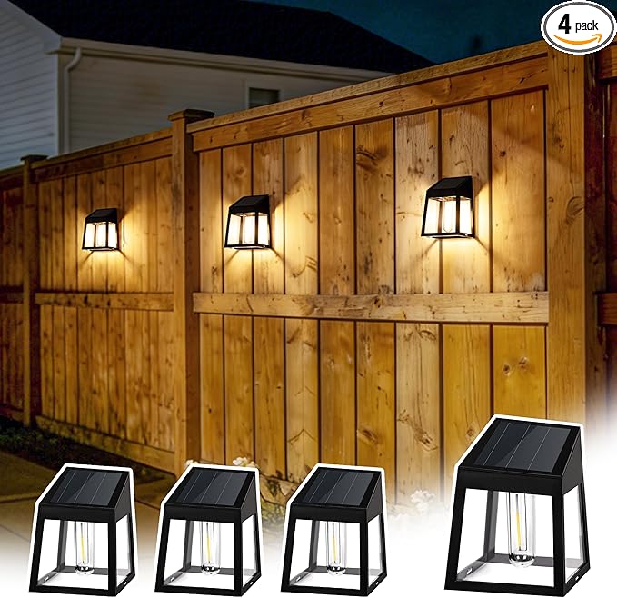 GIGALUMI Solar Fence Lights, 4 Pack Fence Outdoor Waterproof Lights Solar Powered, Warm White Yard Decorations for Garden, Post, Front Door, Backyard, Porch, Deck