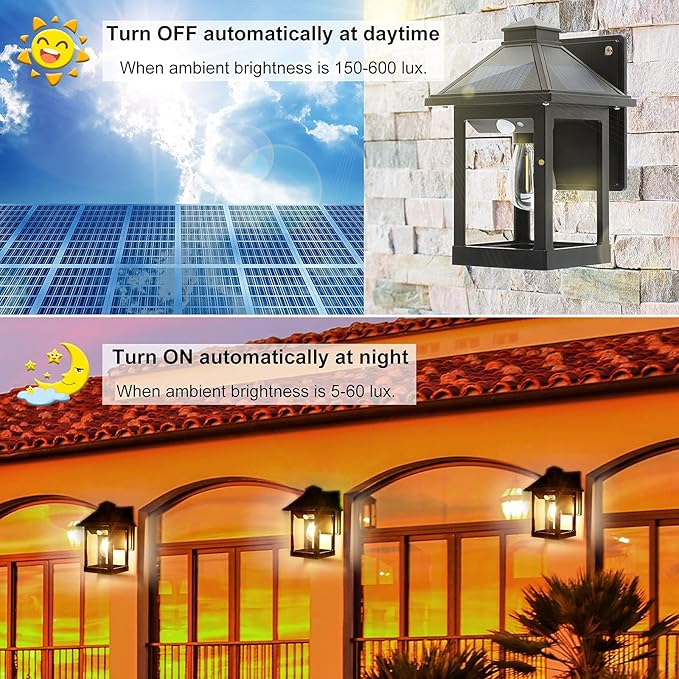 CYHKEE 2 Pack Solar Wall Lanterns Outdoor with 3 Modes, Dusk to Dawn Motion Sensor LED Sconce Lights IP65 Waterproof, Exterior Front Porch Security Lamps Wall Mount Patio Fence Garage Decorative