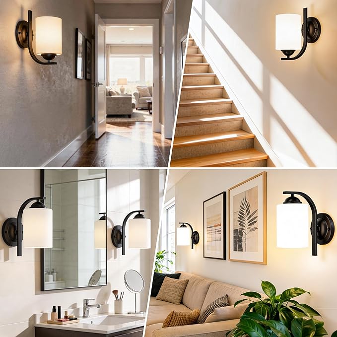 Wall Sconces Lights Lamp for Bedroom Bathroom, Modern Vanity Light Fixtures, Matte Black Farmhouse Wall Mount Lighting Lanterns with Glass Shade for Living Room Mirror Hallway Kitchen
