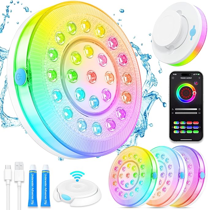 Pool Lights for Above/In Ground Pools,Portable Smart Magnetic Underwater IP68 Waterproof LED Light Rechargeable with BT APP Control Color Changing Sound/Music Sync Vinyl Pools Accessories Party Decor