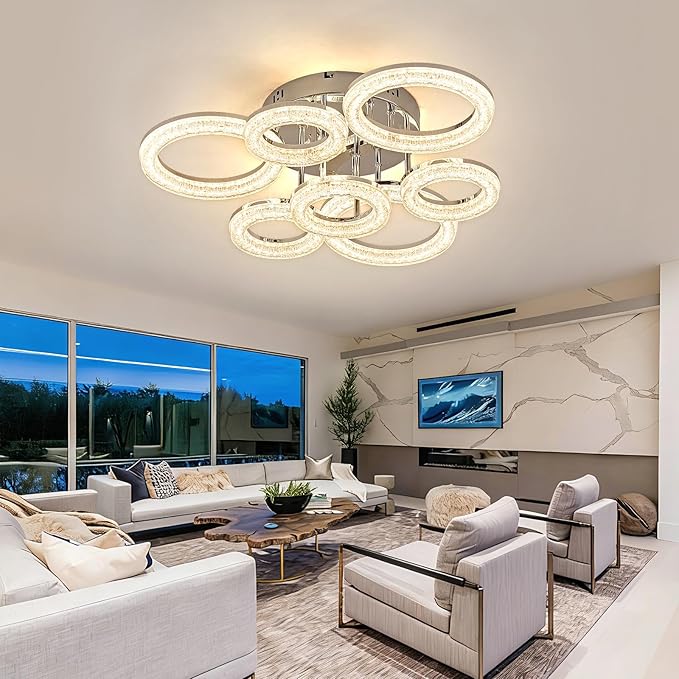 OKELI Modern Ceiling Light, 7 Rings 23'' Dimmable LED 106W Flush Mount Ceiling Lights with Remote Acrylic Crystal Round Ceiling Light Fixture, Bedroom Living Room Dining Room, Chrome