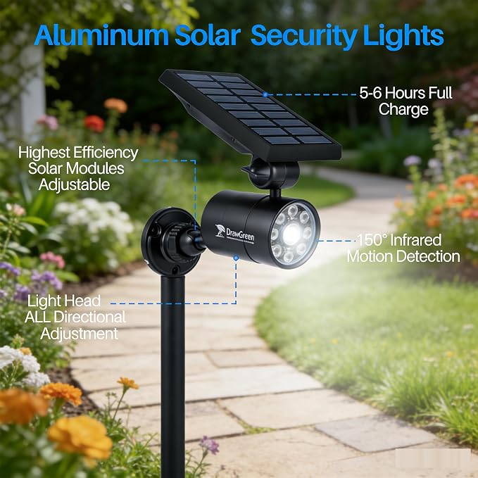 Solar Motion Lights for Outside Aluminum case(Not plastic), Outdoor Solar Flood Security Spot lights 1400LM 9W LED(130W Equ.) Garden Step Deck Patio Post Porch, 100-Week FREE Refund/Replacement(Black)