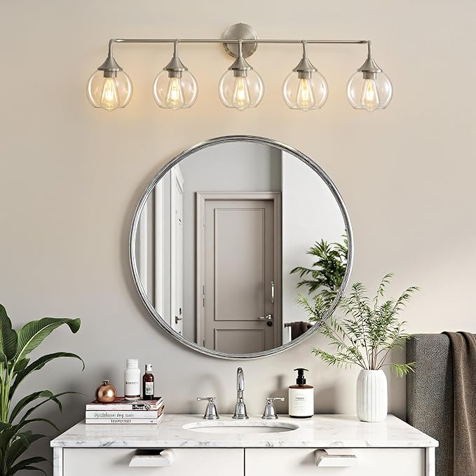 Bathroom Vanity Lights with Clear Glass Shade, E26 Base, Vanity Lighting Fixtures Over Mirror, 39 Inch Vanity Lights for Bathroom (Exclude E26 Bulb) (Brushed Nickel, 5-Lights)