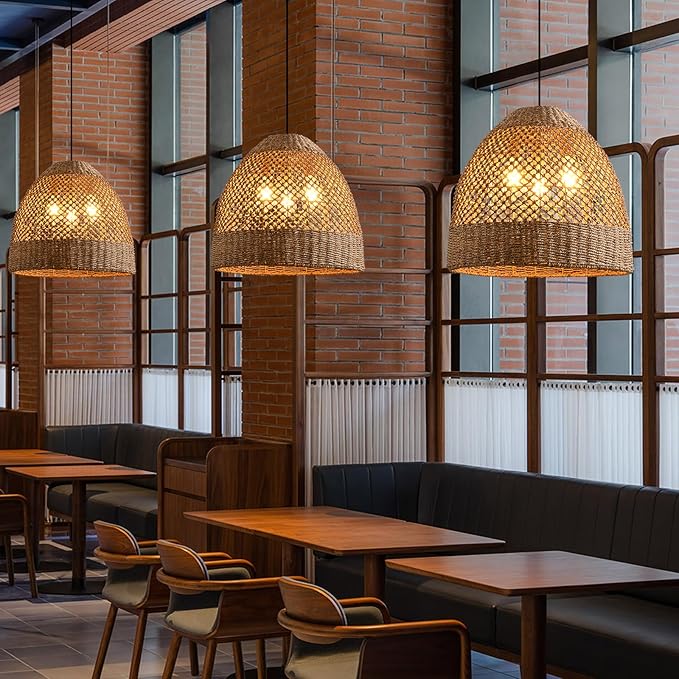19” Large Rattan Pendant Light Fixture,3 Light Boho Handmade Woven Wicker Rattan Ceiling Farmhouse Chandelier for Kitchen Island Dining Rooms, Corridors, and Entrance Halls.