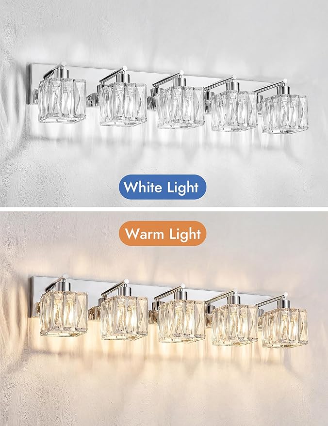 VOLISUN Chrome Bathroom Light Fixtures, Modern Stainless Steel Bathroom Lighting Fixtures Over Mirror, 5 Light Bathrooms Vanity Light, Crystal Vanity Light for Bathrooms-UL Certificated(Exclude Bulb)