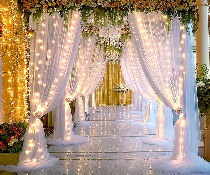 20ft X 8ft White Tulle Wedding Backdrop Curtains with Lights String 4 Panels White Sheer Backdrop Curtains for Parties Bridal Shower Baby Shower Birthday Christmas Photo Shoot Background Decorations