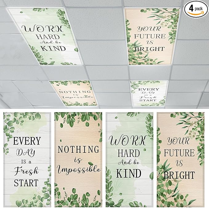 QOUBAI 4PCS Fluorescent Light Covers, 4x2 Feet Magnetic Light Cover Fluorescent Lights Shade Panel Positive Inspirational Ceiling Lights Filters for Office Classroom Home Drop Ceiling Eucalyptus