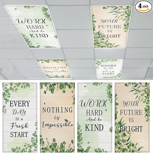 QOUBAI 4PCS Fluorescent Light Covers, 4x2 Feet Magnetic Light Cover Fluorescent Lights Shade Panel Positive Inspirational Ceiling Lights Filters for Office Classroom Home Drop Ceiling Eucalyptus