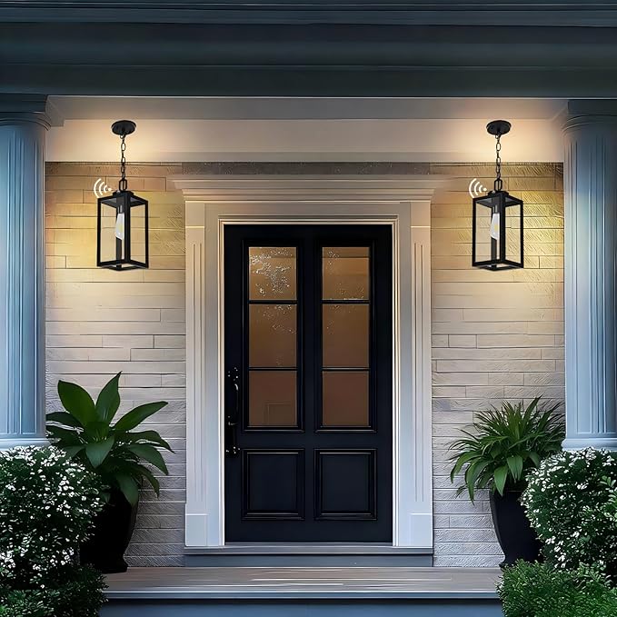 13" Dusk to Dawn Outdoor Pendant Light,Exterior Outside Chandelier Hanging Lantern Light, Matte Black with Clear Glass for Front Door,Porch, Gazebo, Garden.