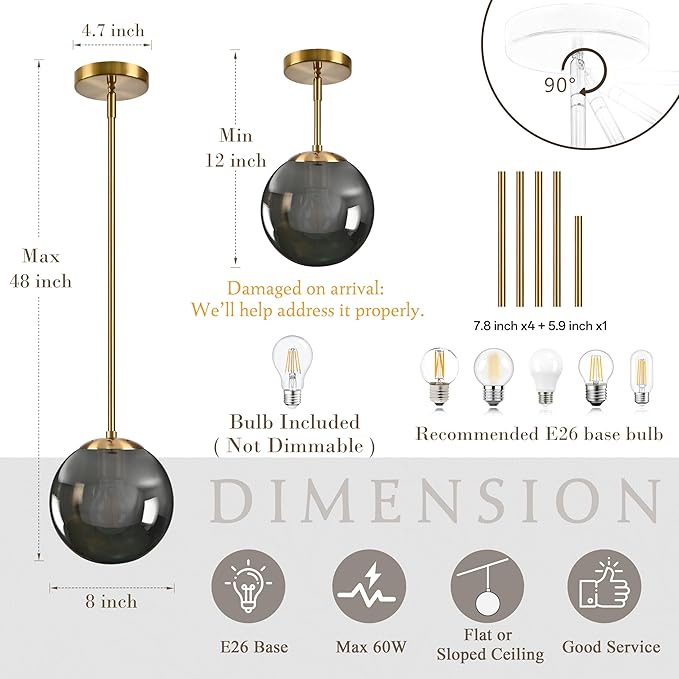 Bagood 8 Inch Globe Pendant Light Gold Globe Pendant Lights Kitchen Island Mid Century Light Fixture with Gray Clear Glass Contemporary Adjustable Hanging Lights for Dining Room (Bulb Included)