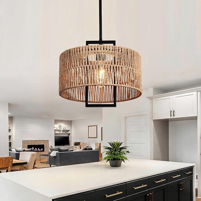 1-Light Boho Light Fixture 12.60" Rattan Pendant Light for Kitchen Island Hand Woven Rustic Dining Room Light Fixture Rattan Pendant Light Fixture