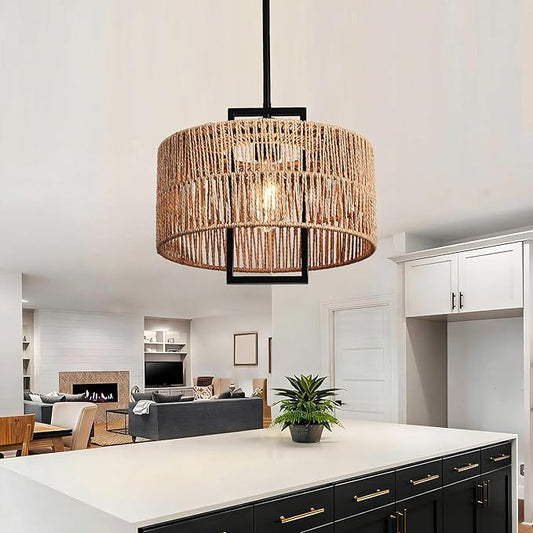 1-Light Boho Light Fixture 12.60" Rattan Pendant Light for Kitchen Island Hand Woven Rustic Dining Room Light Fixture Rattan Pendant Light Fixture