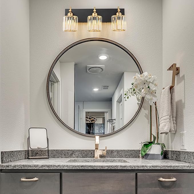 Modern Crystal Bathroom Vanity Lights, 3-Lights Black Gold Bathroom Light Fixtures Over Mirror, Crystal Vanity Light with Polished Gold Finish(Exclude Bulb)