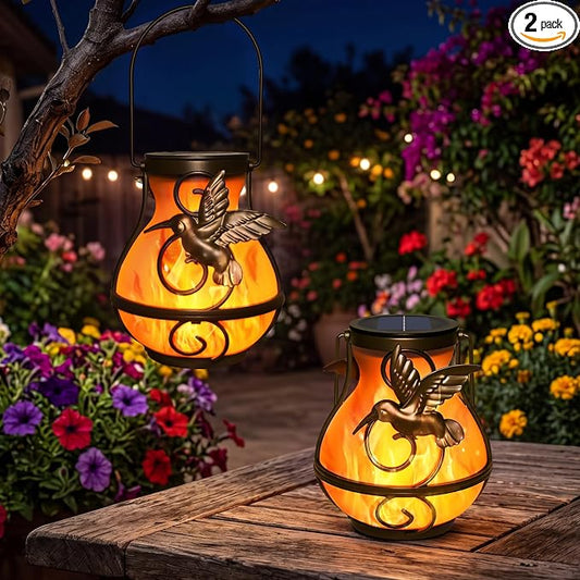 2 Pack Solar Lanterns Outdoor Waterproof, Plastic Flickering Flame Lights with Hummingbird Design, Hanging Solar Lantern for Patio, Porch & Garden Decoration, Gifts for Women, Mom