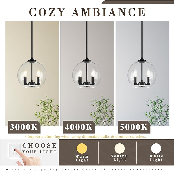 10" Globe Pendant Lights Kitchen Island 2 Pack Glass Globe Pendant Light Fixture Bedroom Mid Century Modern Pendant Lighting Black Pendant Light for Kitchen Island (Bulb Incl.)