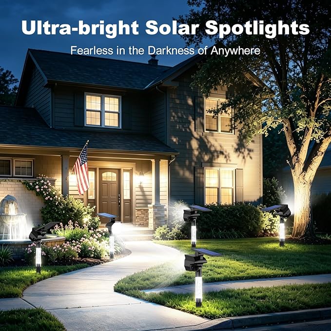 Solar Lights Outdoor Waterproof Spot Lights，IP65 Waterproof with Ambient Light Column & Adjustable Brightness,for Garden Yard Pathway Lawn (Cold White, 4 Pack)