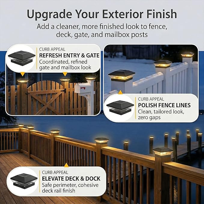 T-SUN 12 Pack Solar Post Cap Lights 4x4 5x5 6x6, Outdoor Waterproof Solar Deck & Fence Post Lights, Warm White/Cool White for Wood & Vinyl Posts, Fence, Deck, Gate & Porch