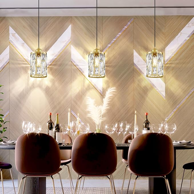 2 Pack 1 Light 5.4" Crystal Shade Hanging Kitchen Island Pendant Light Gold Finish,Modern Pendant Fixture with Crystal Metal Shade for Bar,Dining Room,Living Room Over Sink