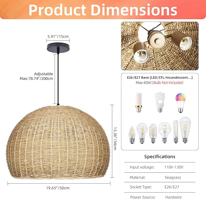 Arturesthome 2-Light Rustic Farmhouse Rattan Pendant Light,19.68in Large Dome Hand Woven Ceiling Mounted Rattan Chandelier,Coastal Beach Ceiling Hanging Light for Kitchen,Dining Room