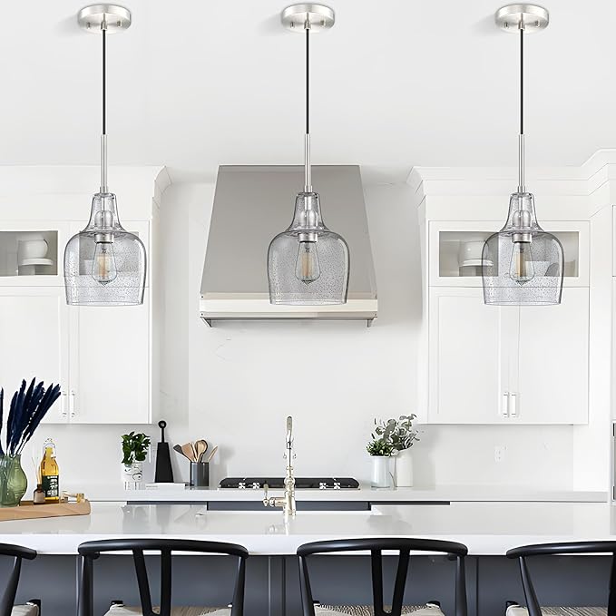 3 Pack 1 Light Indoor Hanging Kitchen Island Pendant Ceiling Light 6.1" Clear Seeded Glass Fixture,Brushed Nickel Finish for Farmhouse Over Sink Bedroom Hallway