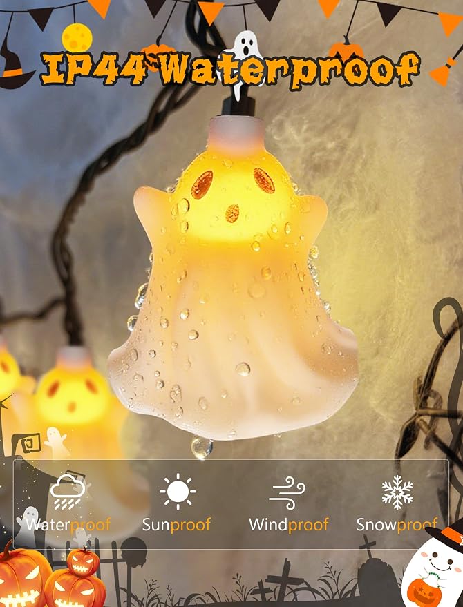 Halloween Ghost Lights,8.5Ft Halloween Fairy Decorations Lights with 10 LED White Ghost Lamp Waterproof UL Listed for Indoor Bedroom Patio Backyard Camping Desk Party Decor