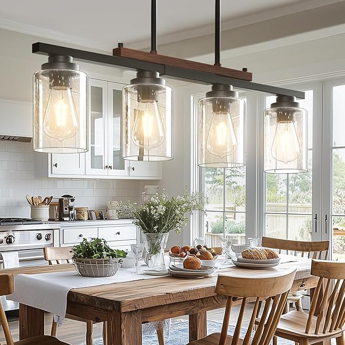 Amico Dining Room Light Fixture 4-Light Kitchen Island Lighting with Adjustable Rods, Farmhouse Decor Black Metal & Wood Chandelier with Seeded Glass Shade, Island Lights for Kitchen