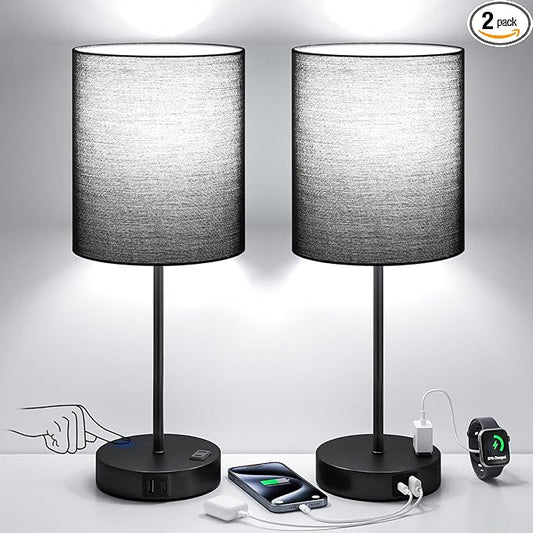 Black Touch Lamps for Nightstand Set of 2 - Bedside Table Lamp for Bedroom with Dual USB Ports & AC Outlet, 3-Way Dimmable Lamps for Living Room Boys Room, Night Light with 5000K Daylight Bulbs