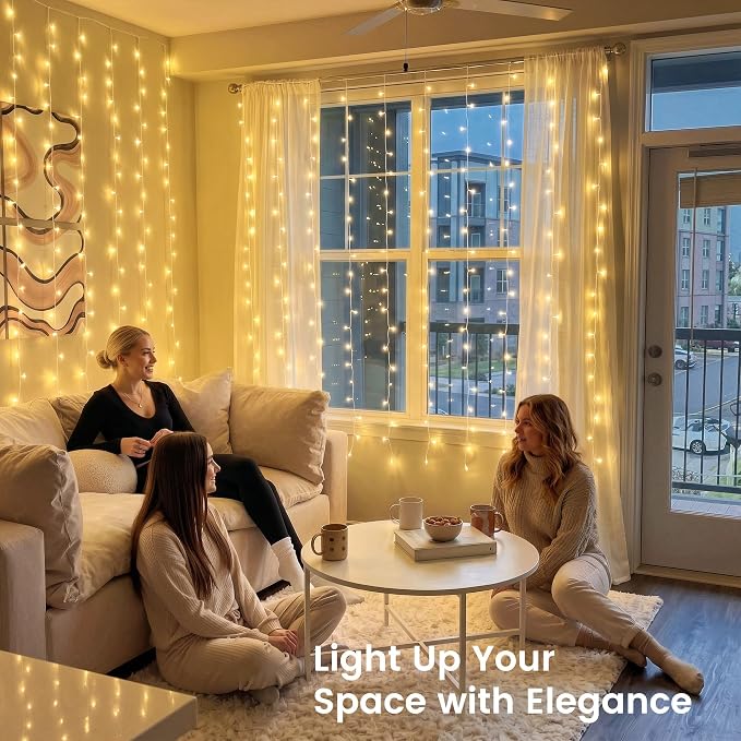HEYFUNi 6.6ft x 6.6ft Warm White Curtain Lights Plug in - 200 LED Window String Lights with Remote, 8 Modes, Timer & Memory, Connectable Fairy Lights for Bedroom Wall Wedding Dorm Decor, Warm White