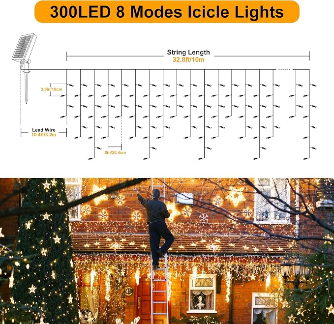 300 LED Solar Icicle Lights Outdoor with Remote Control, 33ft 8 Modes Curtain String Lights with 50 Drops, Christmas Holiday Wedding Party Decorations, Warm White