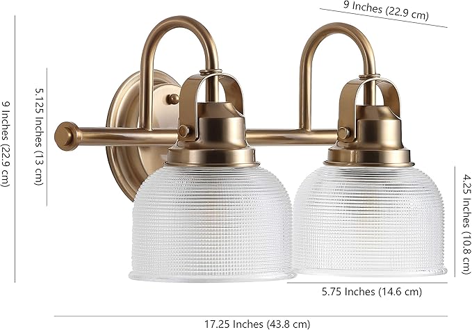 JONATHAN Y 17.25" Brass Gold Modern Bathroom Vanity Light, 2-Light LED Wall Sconce, Clear Glass Bell Shade for Mirror Hallway Kitchen, ETL Listed, LED Bulb Included (JYL7408B)