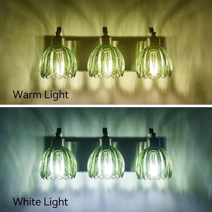 3-Light Vanity Lights with Green Tulip Glass Shade, Brushed Nickel Bathroom Lighting Fixture Over Mirror, Vintage Vanity Wall Sconce Lamp for Kitchen Living Room Hallway