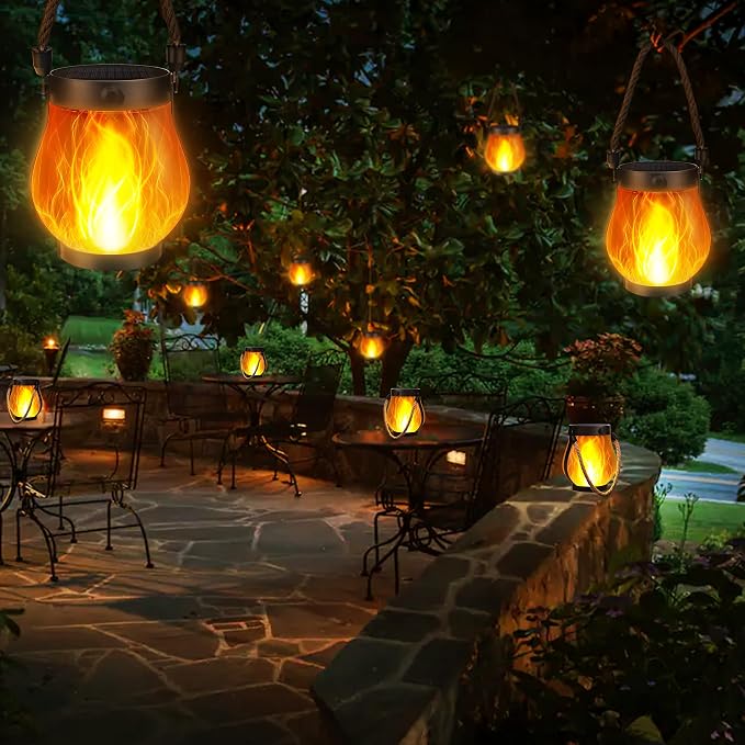 iBaycon 2 Pack Gen2 Solar Lantern Lights USB Ultra-Real Flame, Warm White | Solar Garden Lights with Dual Charging USB & Solar, 2 Modes Outdoor Waterproof Hanging Lantern for Patio Yard Home
