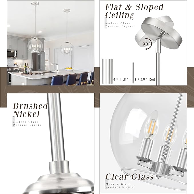 12" Globe Pendant Lights Kitchen Island 2 Pack Glass Globe Pendant Light Fixture Bedroom Mid Century Modern Pendant Lighting Nickel Pendant Light for Kitchen Island (Bulb Incl.)