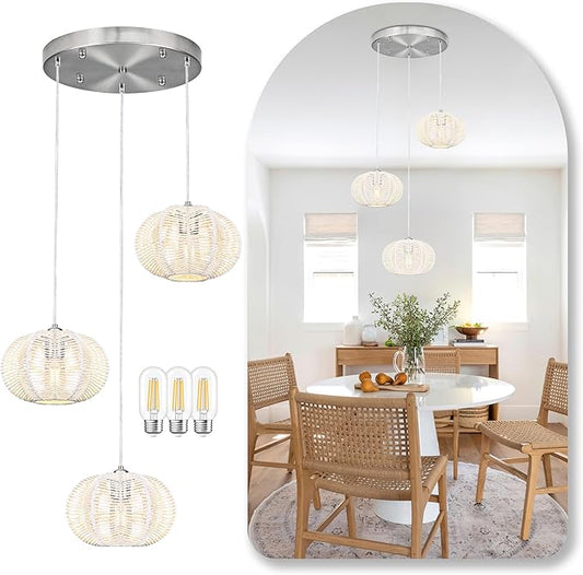 12" Boho White 3-Light Boho Chandeliers for Kitchen Island Hand-Woven Boho Rattan Chandeliers Dimmable Adjustable Hanging Wicker Chandelier for Dining Room Living Room （Bulb Incl.）
