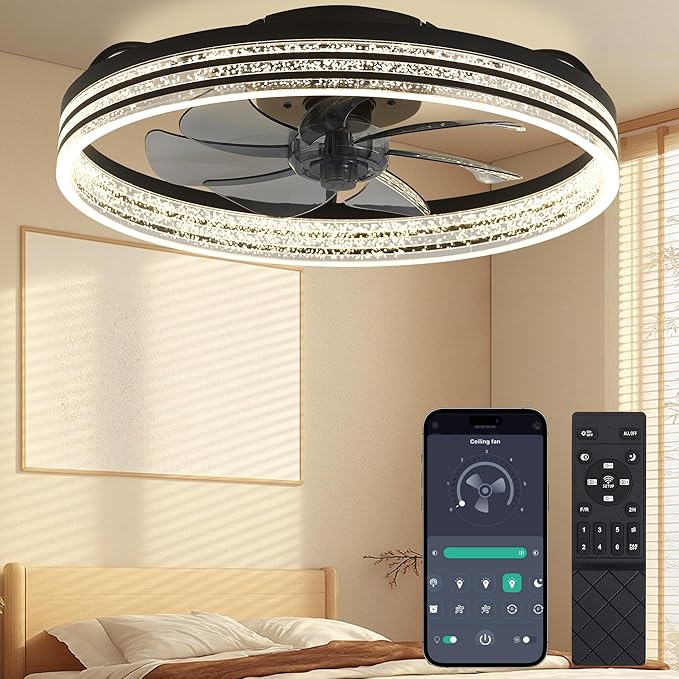 Ceiling Fans with Lights and Remote Fandelier - 20'' Black and White Flush Mount Low Profile Modern Ceiling Fans for Bedroom - Stepless Color Temperature and 6 Speeds