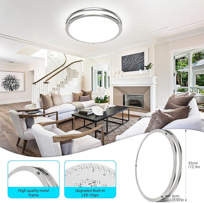 libtit 13 Inch Flush Mount Ceiling Lights with Remote, 24W Dimmable LED Ceiling Light with Nightlight and Timer, 3000K-6500K Adjustable Brushed Nickel Light Fixture for Bedroom Kitchen Bathroom
