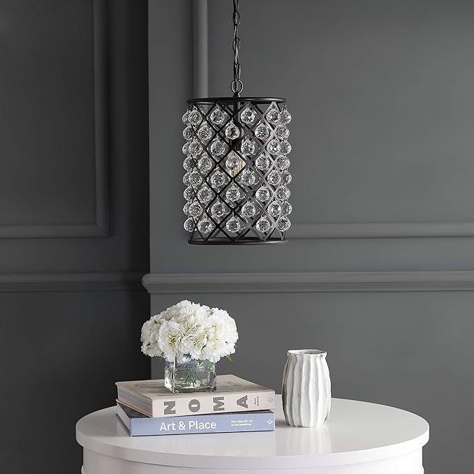 JONATHAN Y 10" Oil Rubbed Bronze Crystal LED Pendant Light, Adjustable Metal Chandelier for Kitchen Island, Entryway, Foyer, Clear Hand-Polished Crystal Shade, LED Bulb JYL9025A