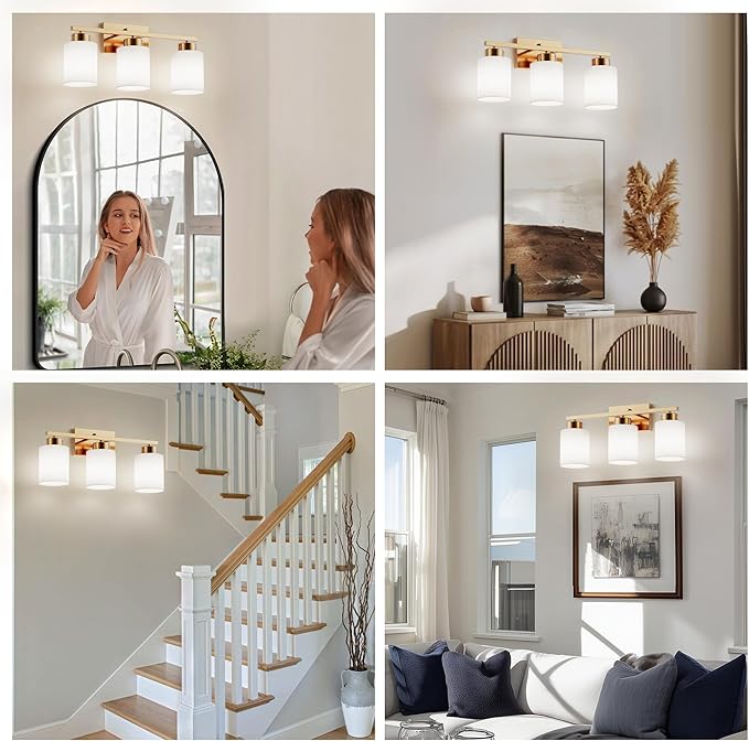 PARTPHONER 3-Light Brushed Gold Bathroom Light Fixtures, Modern Vanity Light Over Mirror Lighting, Wall Sconce with Frosted Milky White Glass Shades for Bedroom Living Room Kitchen Hallway