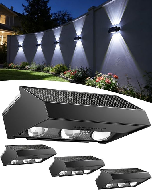 Solar Fence Lights Outdoor 4 Pack, 3 Modes 3000K/4500K/6000K, Up and Down Fence Lights Solar Powered for Outside, Deck Lighting for for Backyard/Garden/Patio/Garage Wall Decor