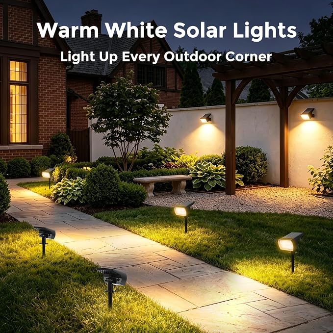 Solar Lights Outdoor Waterproof, 4 Pack 60 LED Solar Spot Lights Outdoor, Dusk to Dawn Light Sensor, 3 Lighting Modes, IP65 for Outside Pathway Yard Garden and Landscape (Warm White)