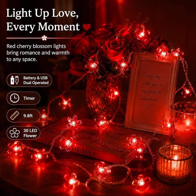 Battery & USB Operated 10ft Red Cherry Blossom Flower Fairy Lights String | Cute Flower String Lights With Timer For Bedroom, Party, Wedding, Christmas, Easter Tree Branch Hanging Romantic Decorations