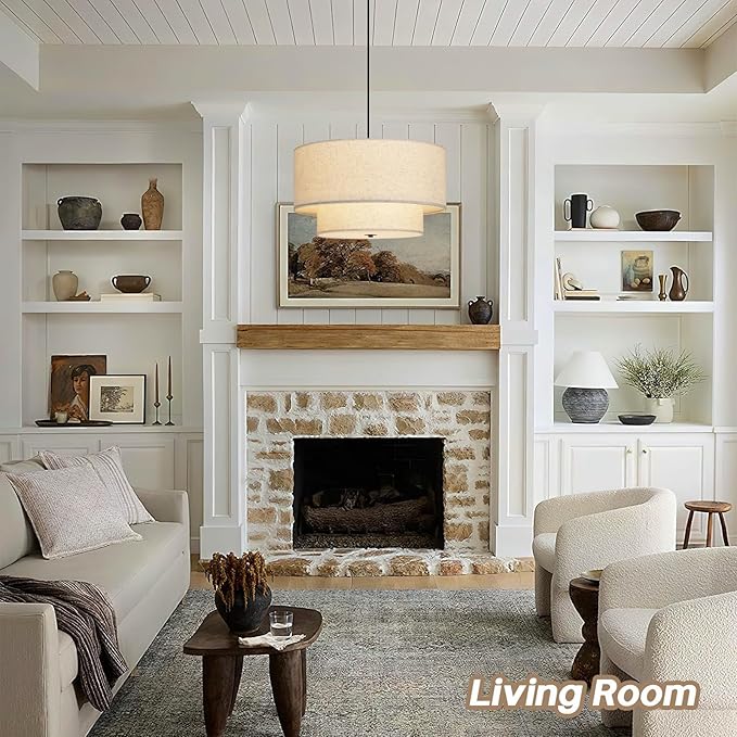 18" Modern Double Drum Fabric Pendant Light, Large Hanging Ceiling Chandelier Fixture with Dual Layer Fabric Shade, Ideal for Dining Room, Living Room, Bedroom, and Kitchen