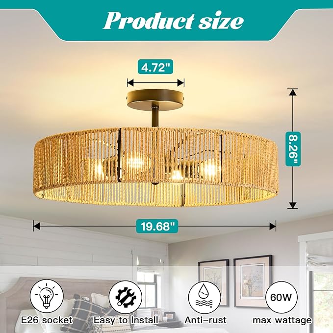 hesoge Boho Rattan Ceiling Light Fixture Rustic Black Semi Flush Mount Ceiling Light 20 Inches 4 Light Woven Chandelier for Farmhouse Hallway Bedroon Living Room Dining Room Kitchen Island