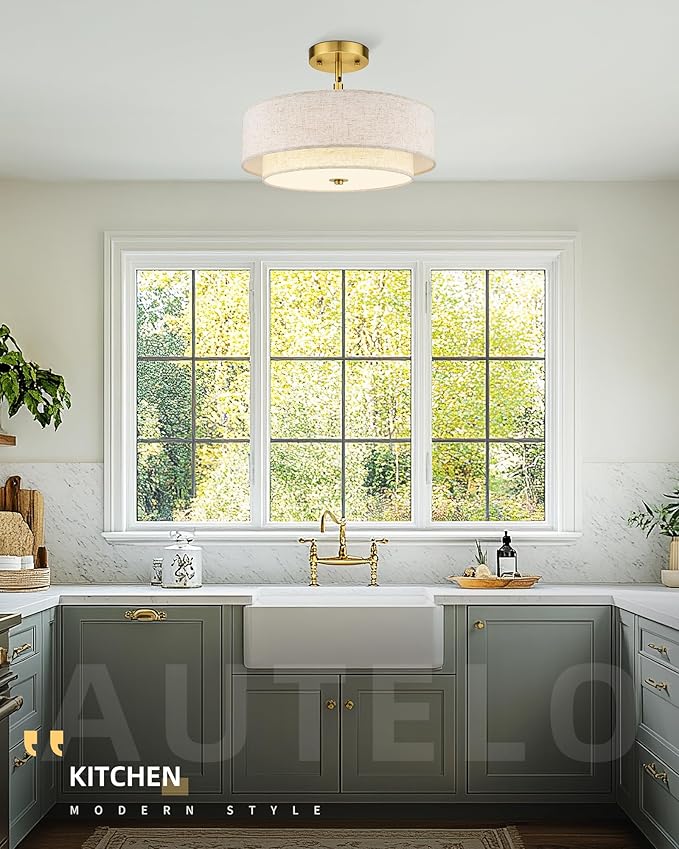 AUTELO 18" Semi Flush Mount Ceiling Light, 3-Light Farmhouse Ceiling Light in Brushed Gold Finish with Drum Fabric Shade, Gold Light Fixtures Ceiling Mount for Hallway Bedroom Kitchen, C2506 BG-18