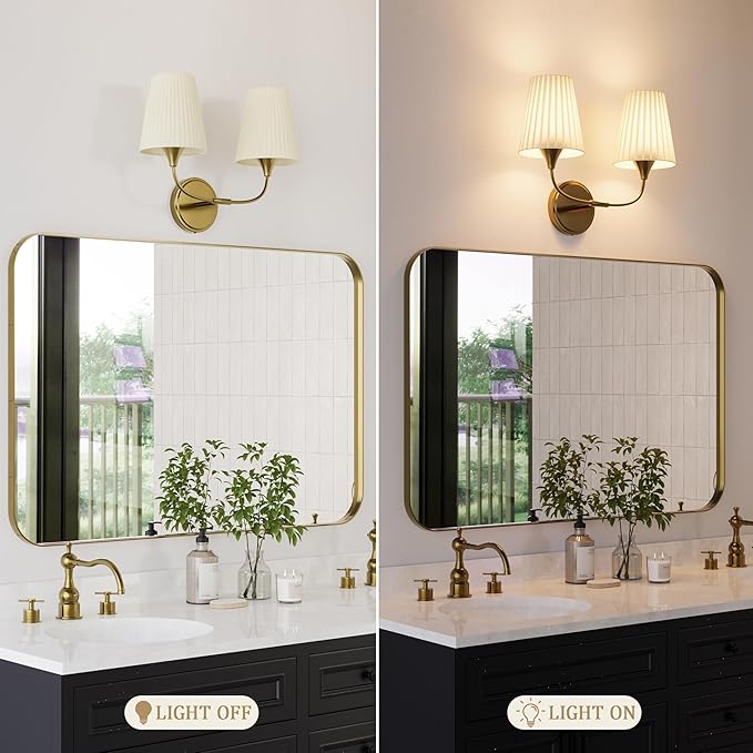 Bathroom Vanity Light with Fabric Shade, 2-Light Bathroom Vanity Light Over Mirror, Modern Light Fixtures for E26 Bulb, Flared Wall Lights for Bedroom, Hallway, Entryway, Powder Room (Gold)