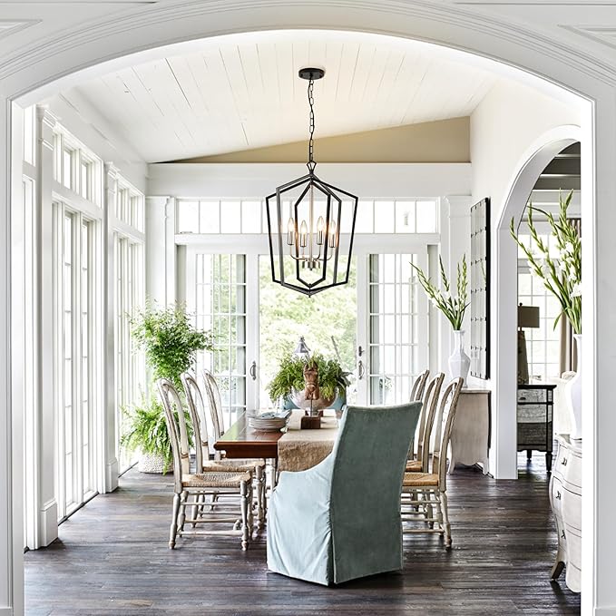 WJShome 18.1" Farmhouse Chandeliers for Dining Room, 4-Light Modern Foyer Lighting Fixture,Black and Silver Hanging Lantern Pendant Light, for Kitchen Island,Hallway,Entryway