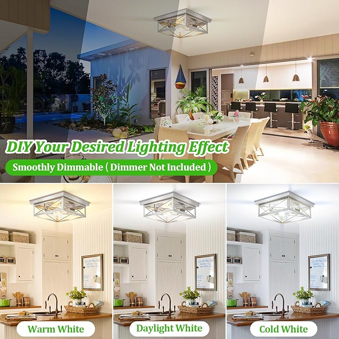 Brushed Nickle Hallway Light Fixtures, 2-Light Modern Farmhouse Flush Mount Ceiling Lights, 2-Pack Chrome Kitchen Light Fixtures, Square Close to Ceiling Lights for Bedroom Living Room Entryway
