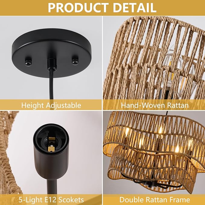 19.68" Large Rattan Chandelier, 5-Light Hand Woven Pendant Light Fixture, Farmhouse Boho Chandeliers, Adjustable Wicker Hanging Ceiling Lamp for Kitchen Bedroom Living Room Hallway Foyer